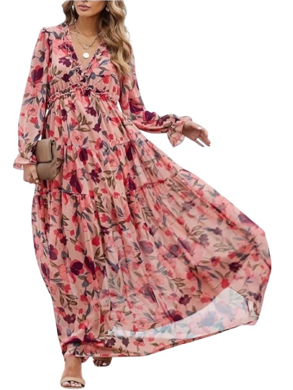 Cottagecore Floral V-Neck Long Sleeve Maxi Spring Summer Dress - Pink XL 16-18